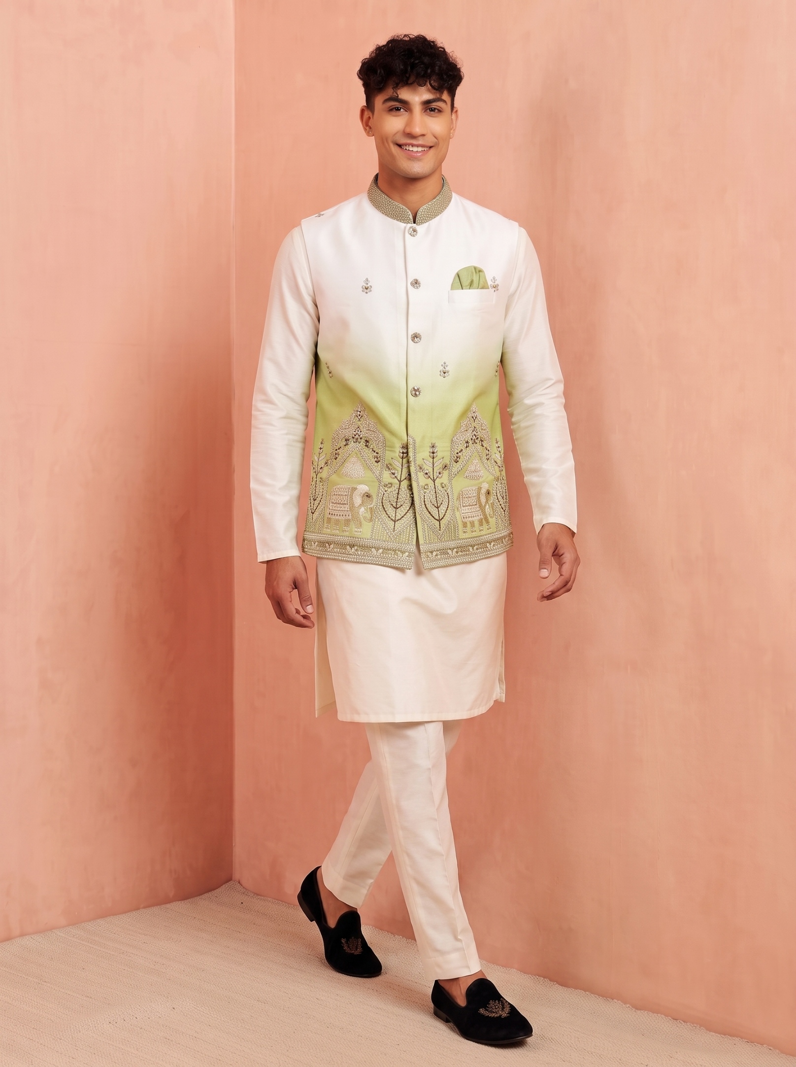 Multi Green Embroidery Doniar Satin Jacket Kurta