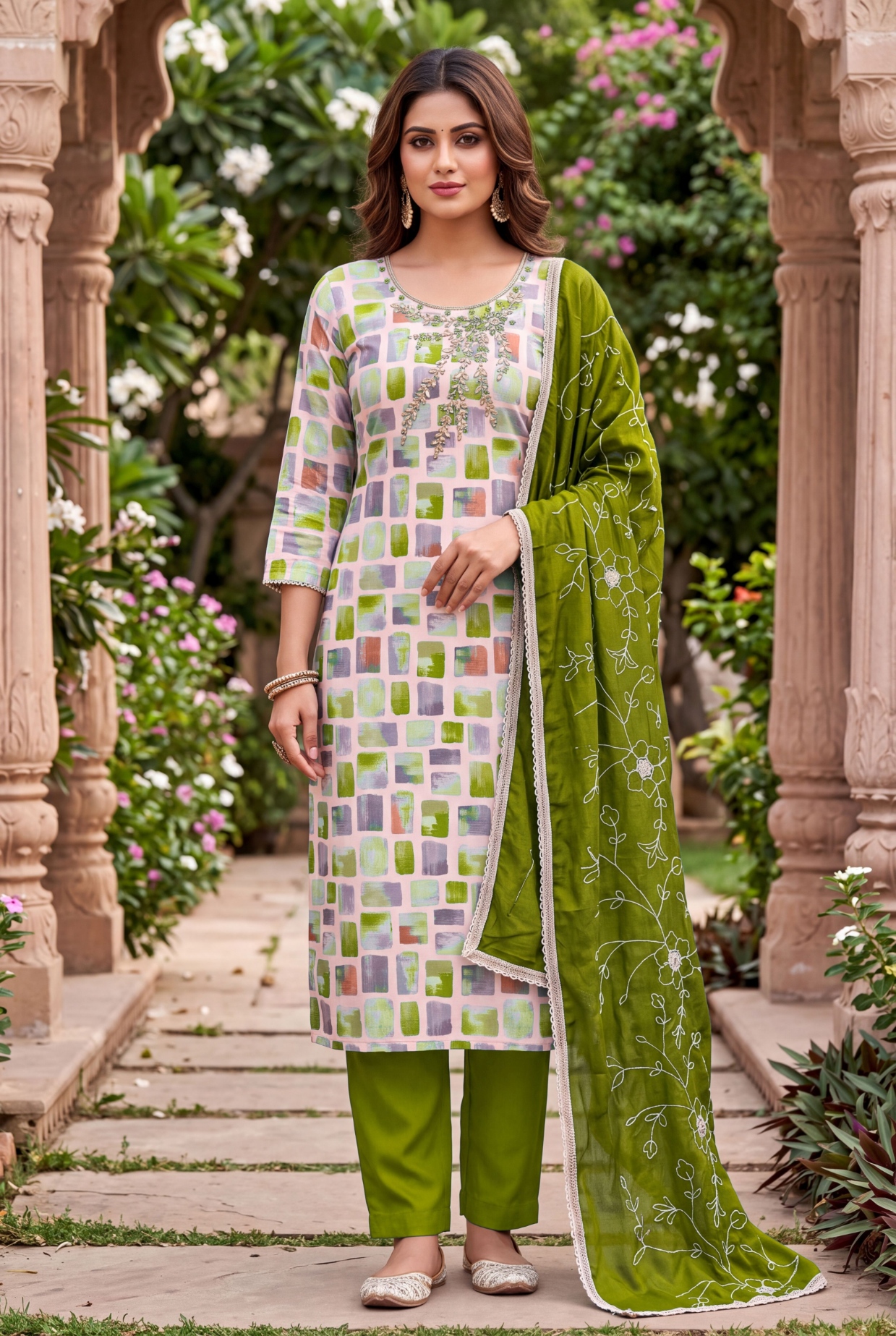 Multi Green Geometric Handwork Jam Cotton Straight Suit