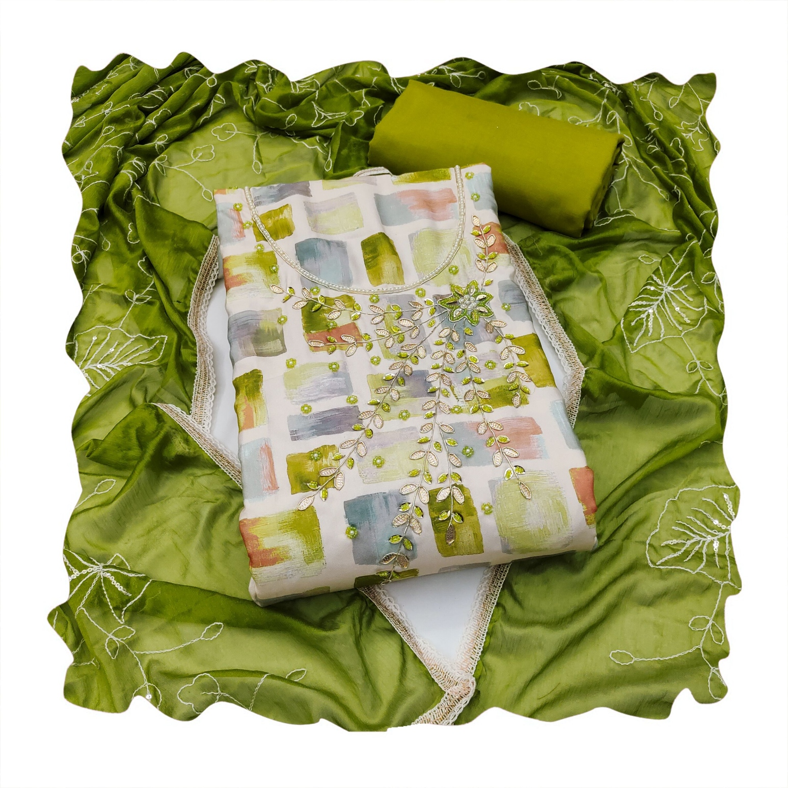 Multi Green Geometric Handwork Jam Cotton Straight Suit — alternate view