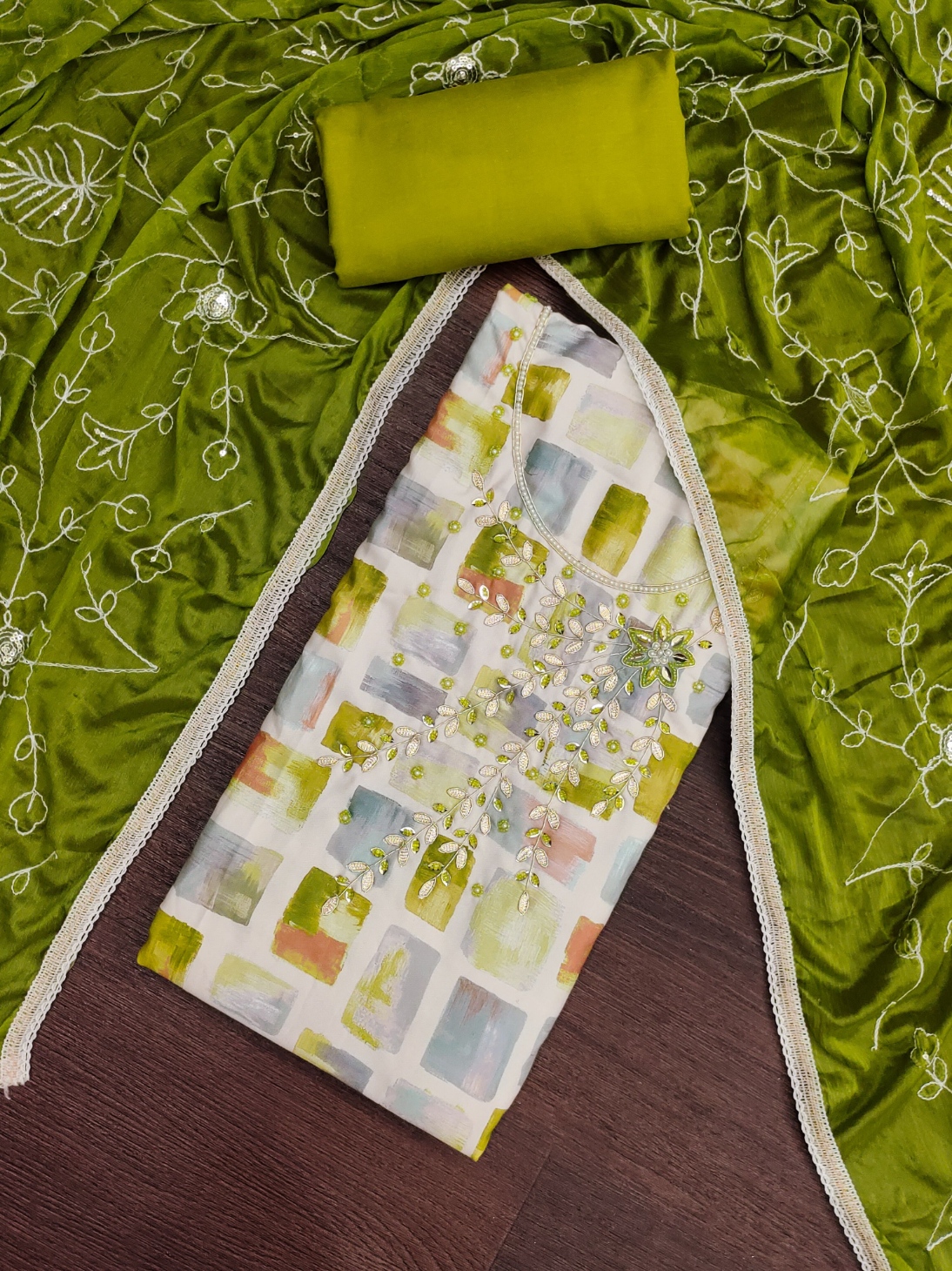 Multi Green Geometric Handwork Jam Cotton Straight Suit