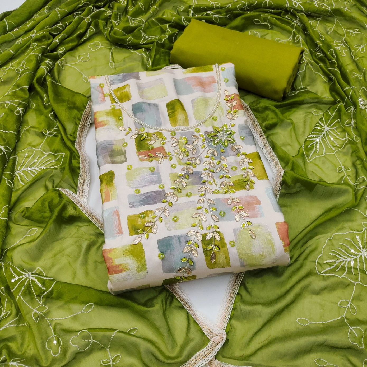 Multi Green Geometric Handwork Jam Cotton Straight Suit