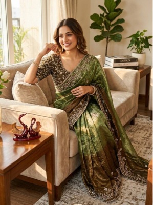 Multi Green Sequence Embroidered Soft Chiffon Saree — alternate view