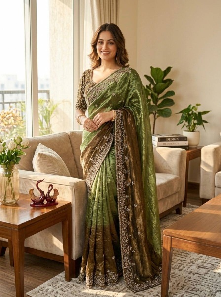 Multi Green Sequence Embroidered Soft Chiffon Saree