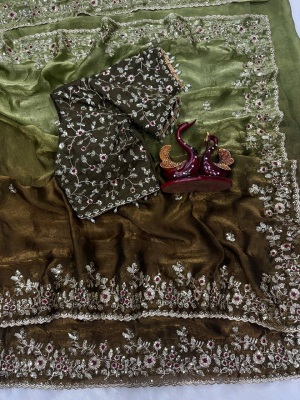 Multi Green Sequence Embroidered Soft Chiffon Saree