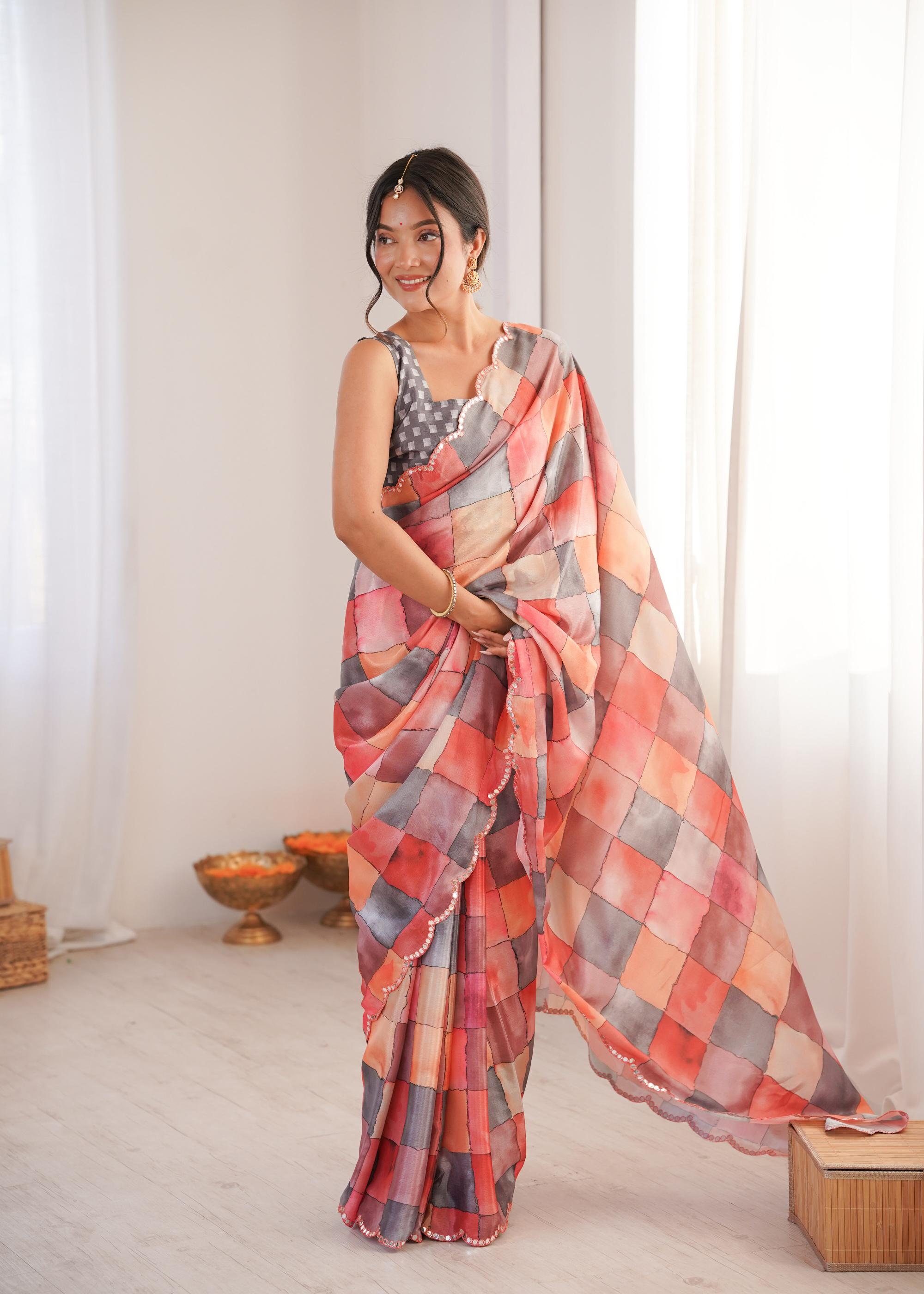 Multi Grey Chinon Digital Printed Mirror Cut Work Saree