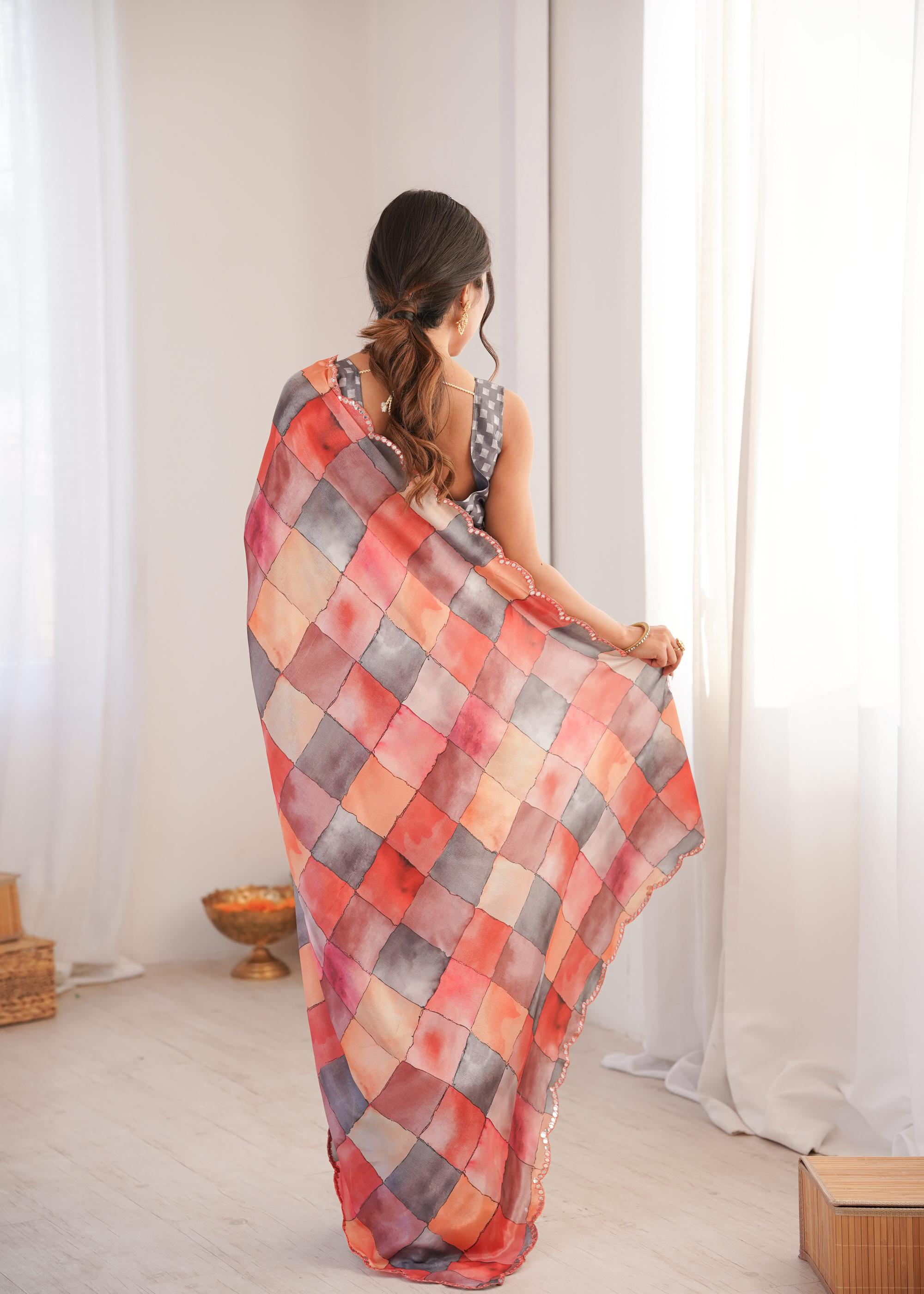 Multi Grey Chinon Digital Printed Mirror Cut Work Saree — alternate view
