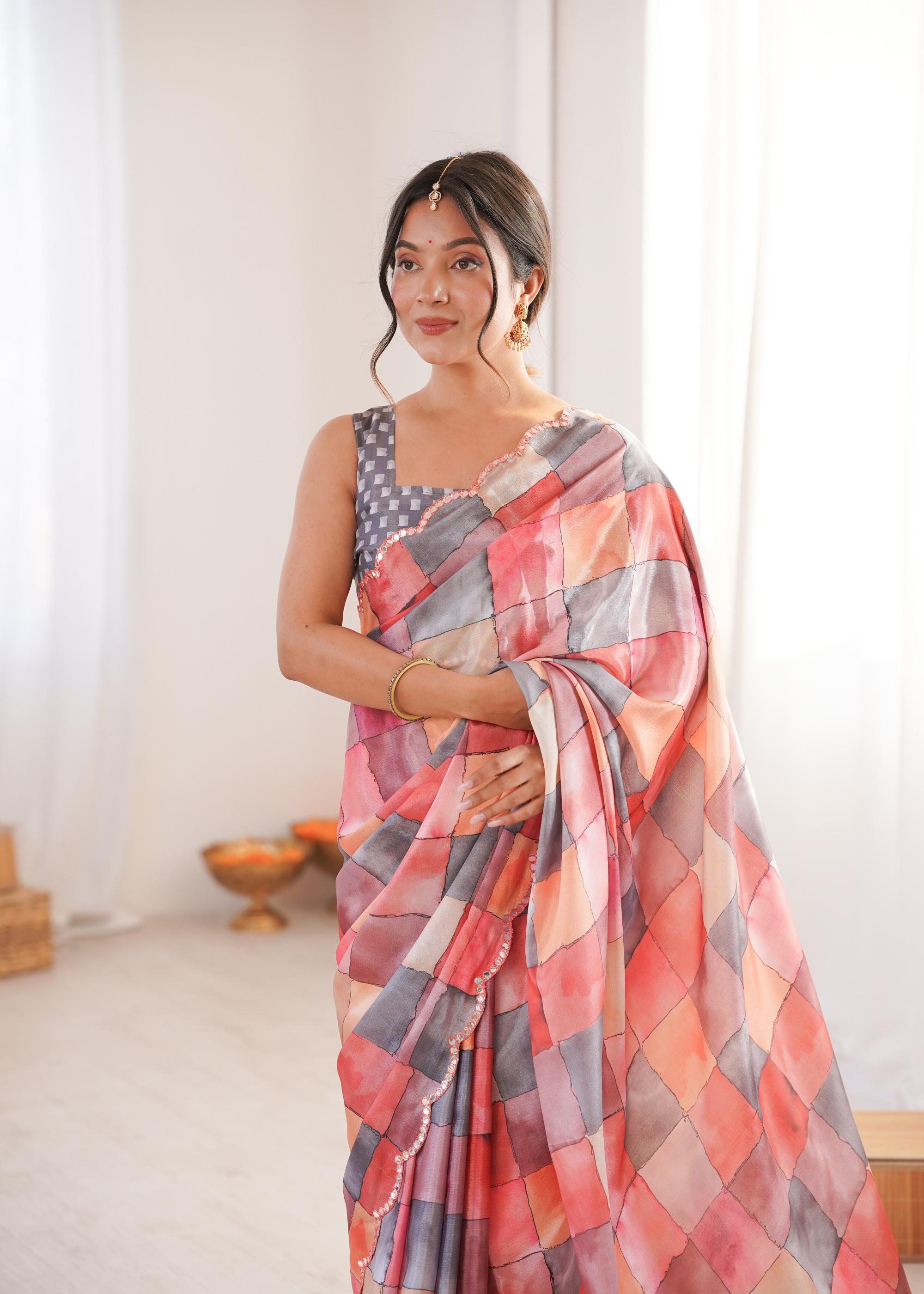 Multi Grey Chinon Digital Printed Mirror Cut Work Saree