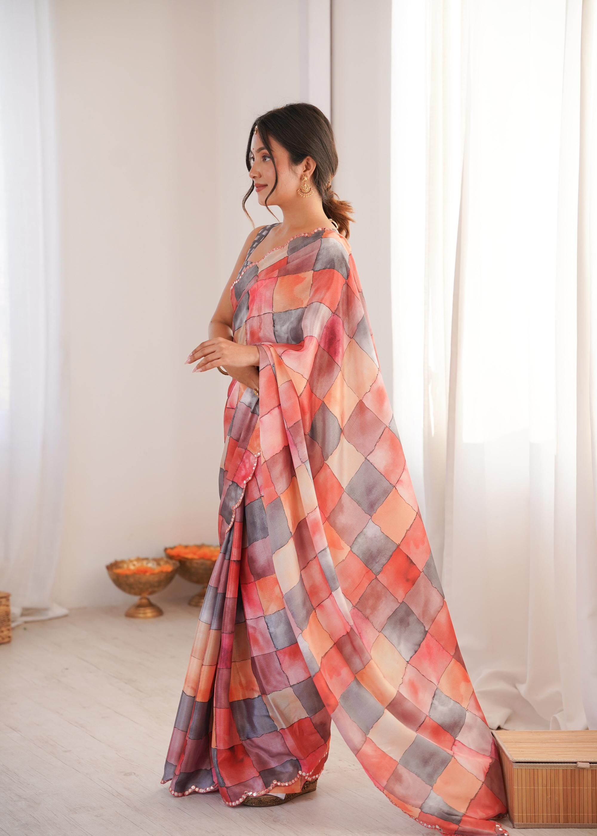 Multi Grey Chinon Digital Printed Mirror Cut Work Saree