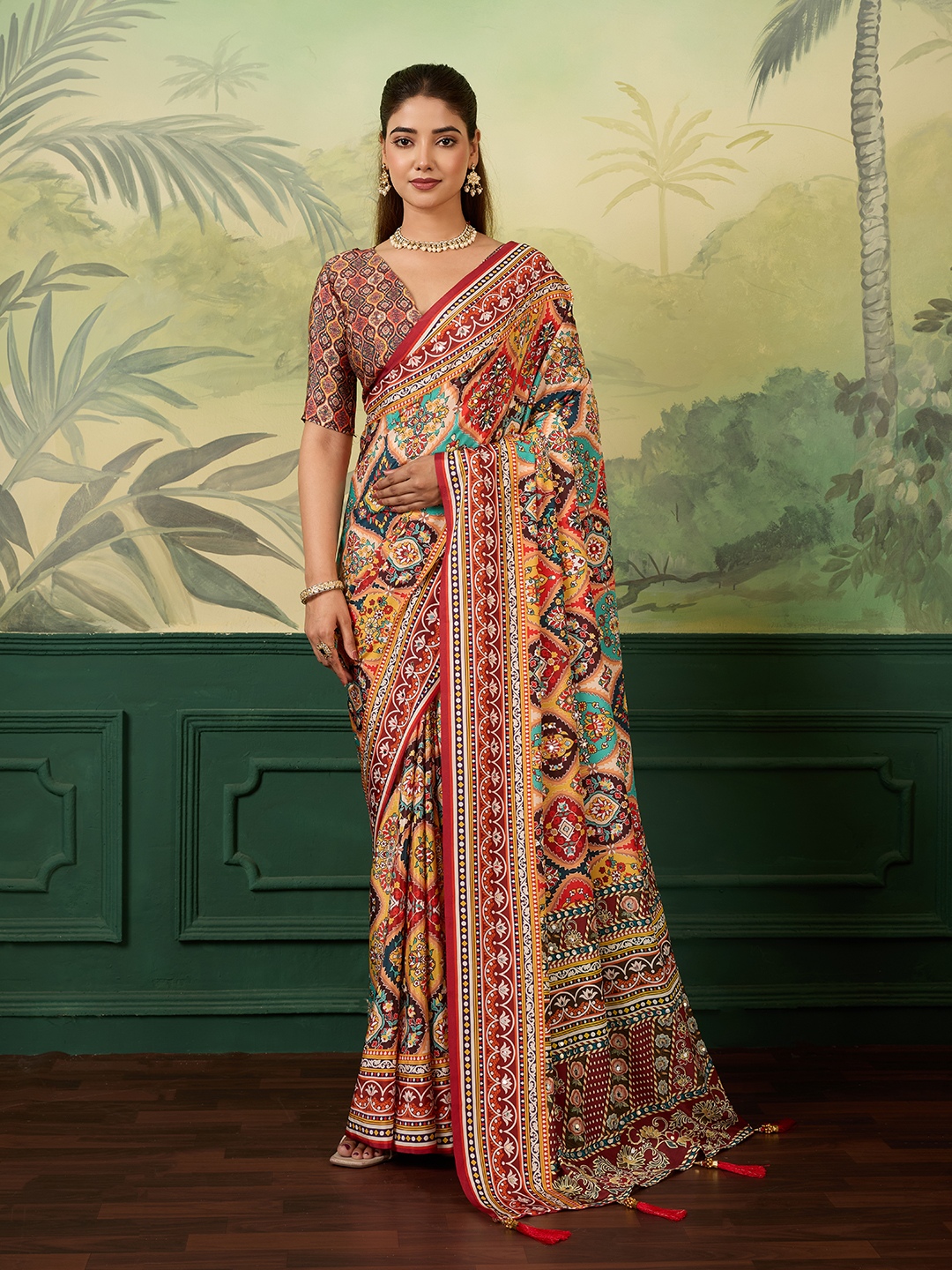 Multi Heritage Mirror Work Crepe Silk Saree