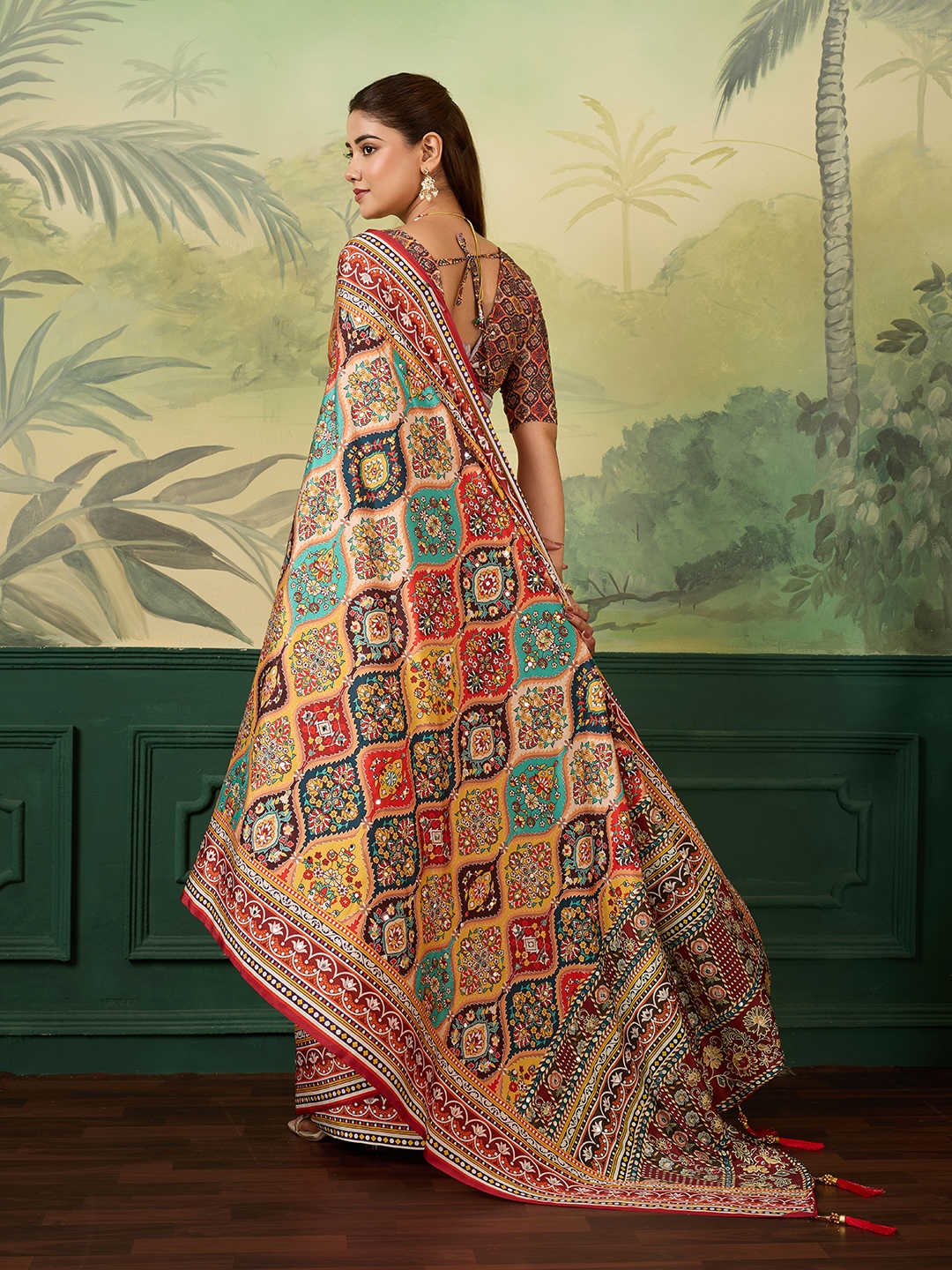 Multi Heritage Mirror Work Crepe Silk Saree — alternate view