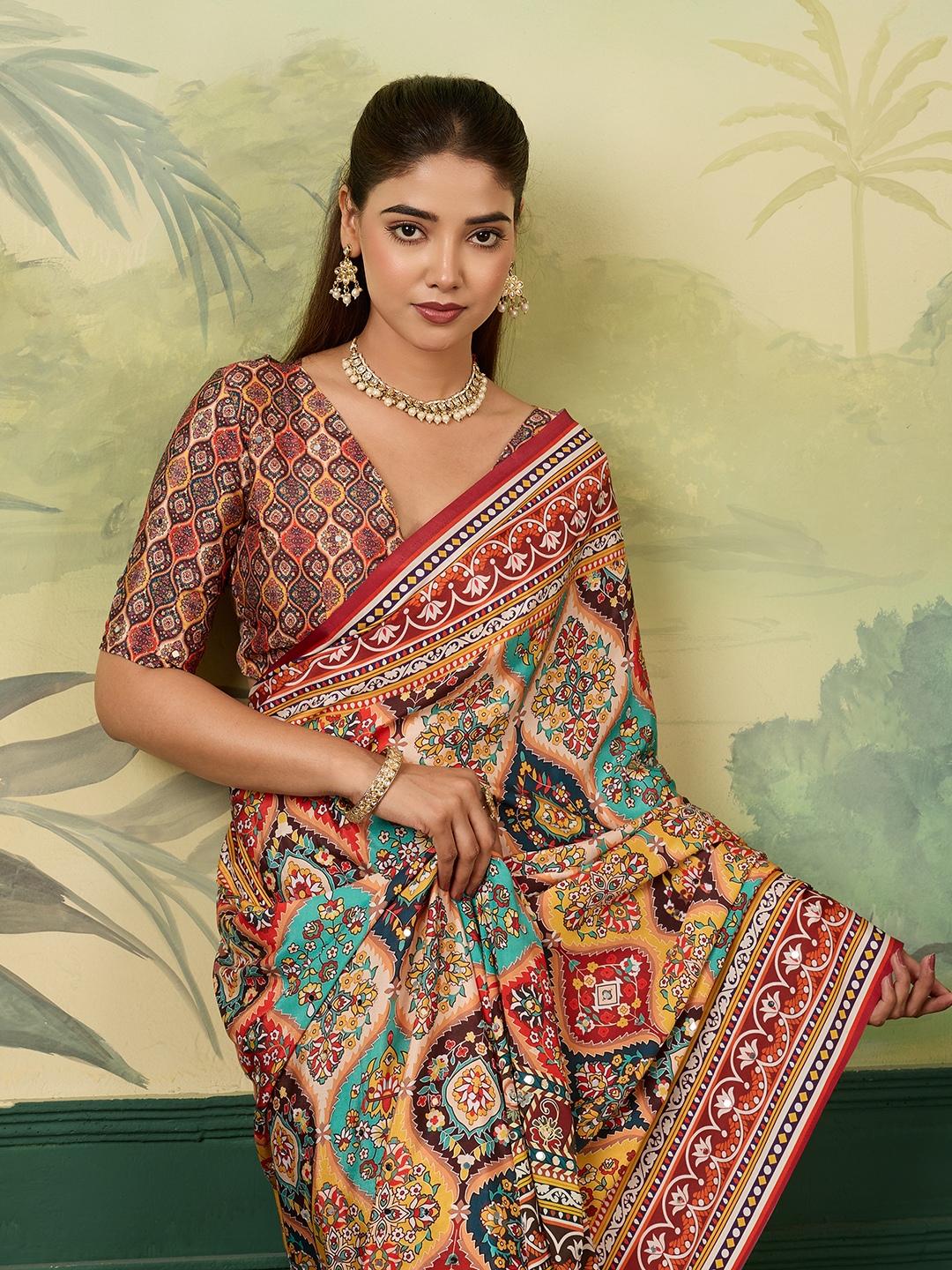 Multi Heritage Mirror Work Crepe Silk Saree