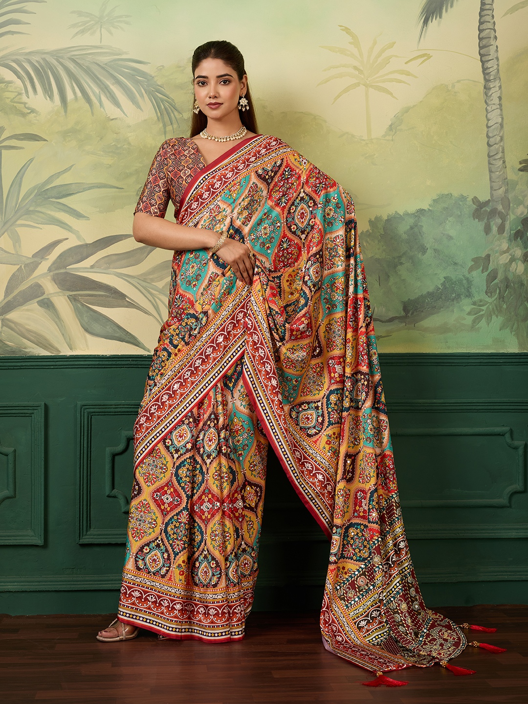 Multi Heritage Mirror Work Crepe Silk Saree
