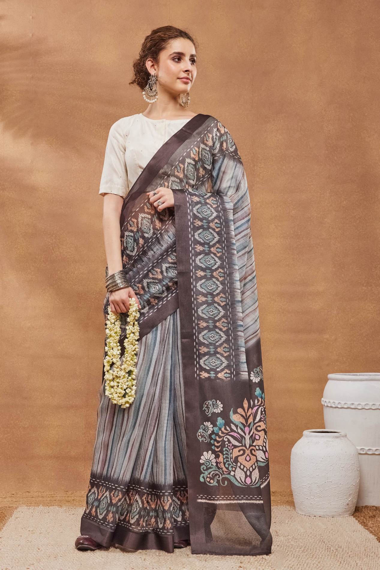 Multi Ikat Printed Silk Blend Ready To Wear Saree