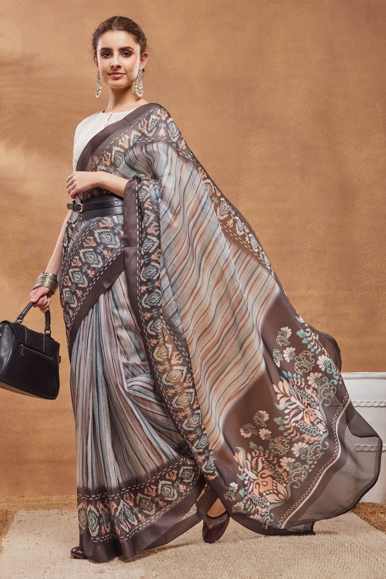 Multi Ikat Printed Silk Blend Ready To Wear Saree