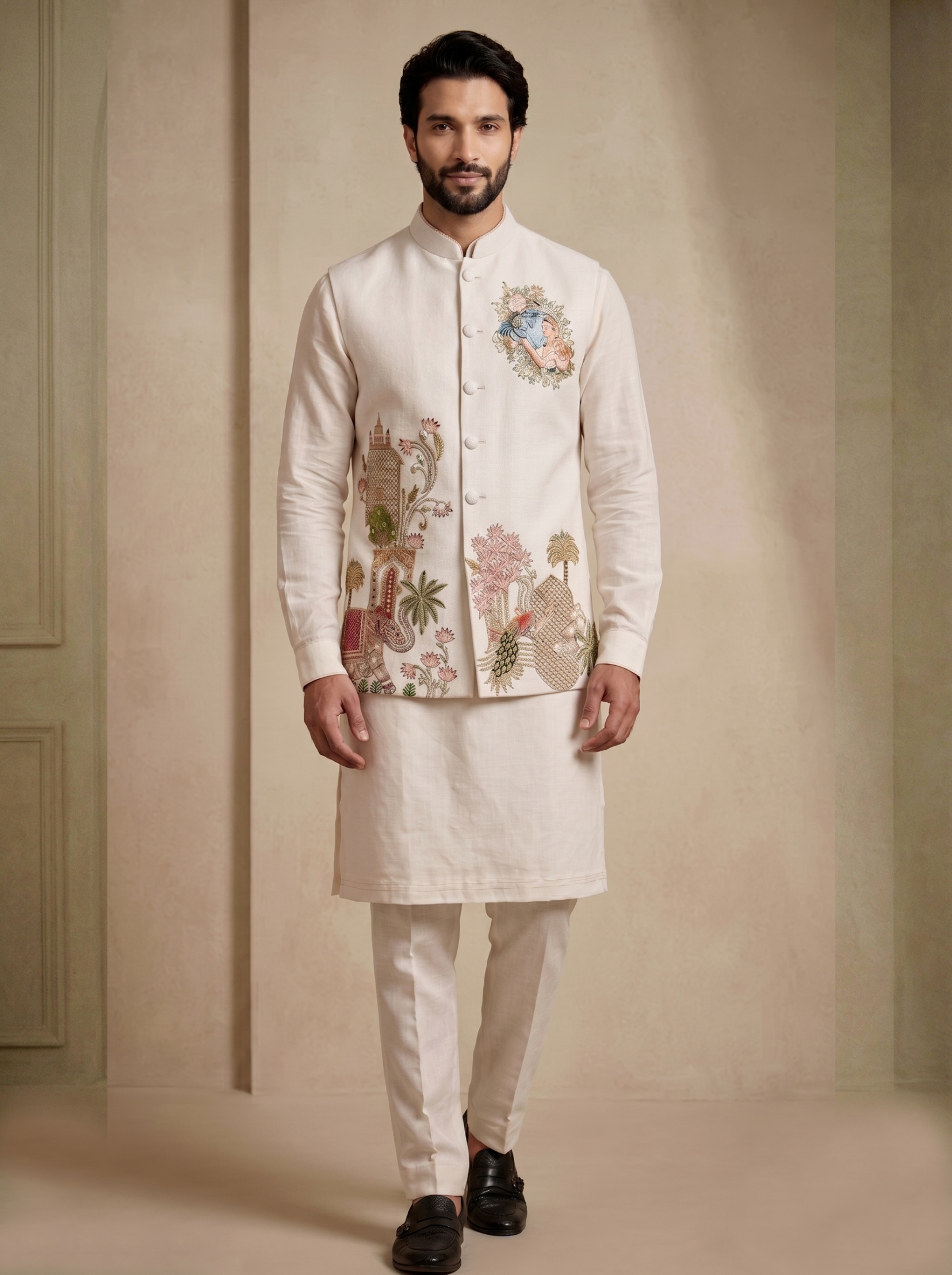 Multi Ivory Embroidered Viscose Jacket Kurta Pyjama