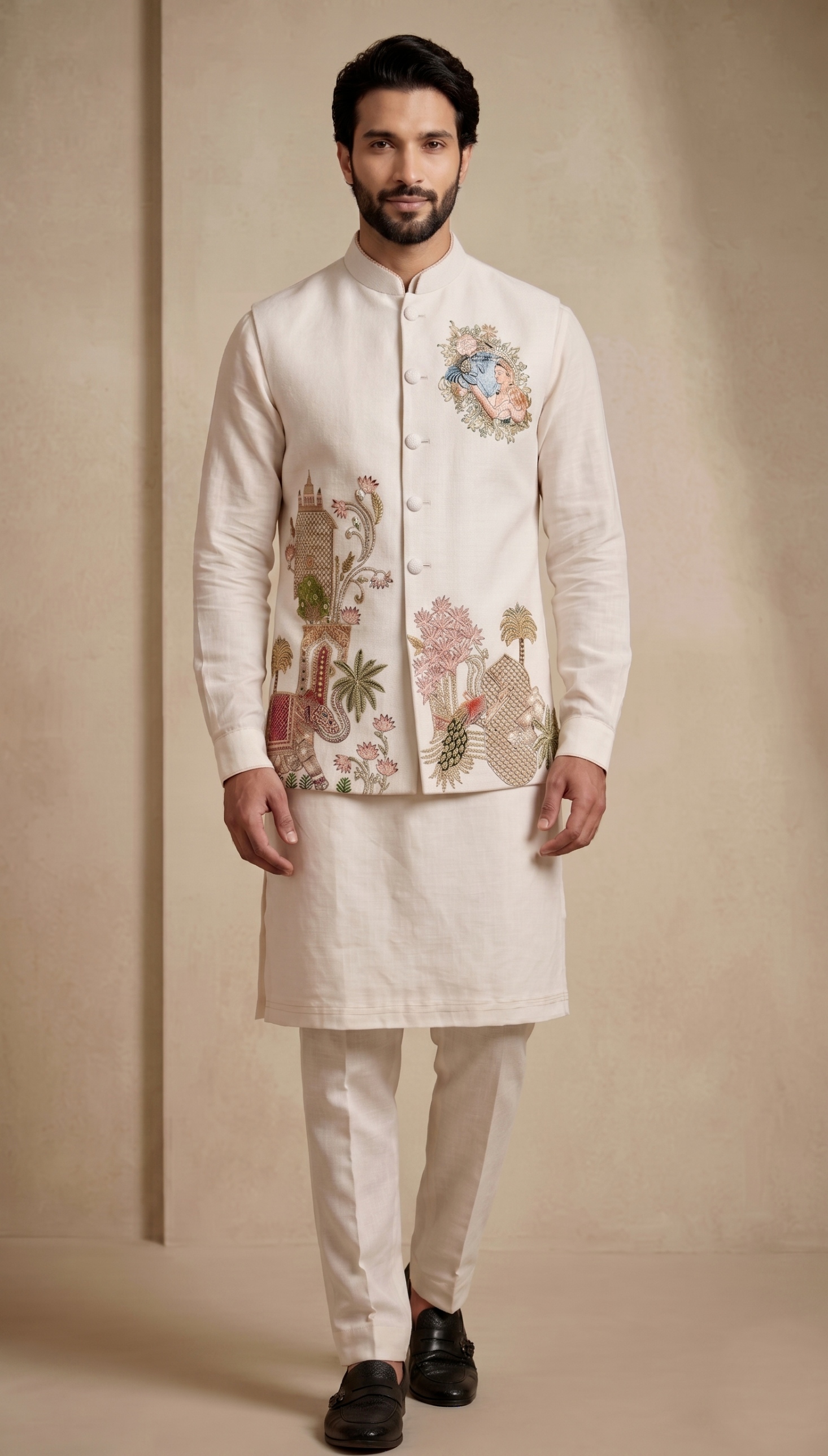 Multi Ivory Embroidered Viscose Jacket Kurta Pyjama — alternate view