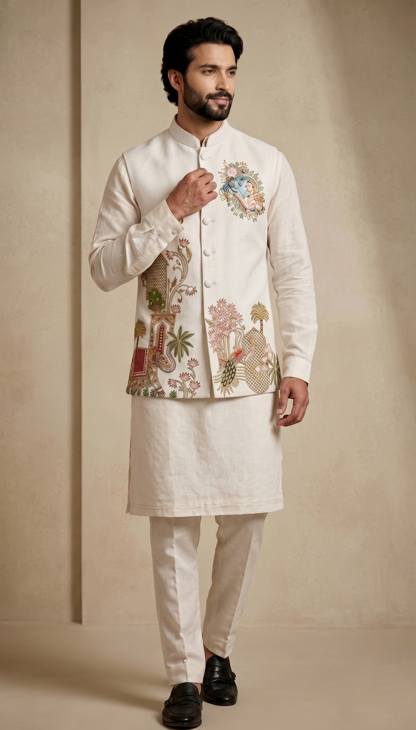 Multi Ivory Embroidered Viscose Jacket Kurta Pyjama