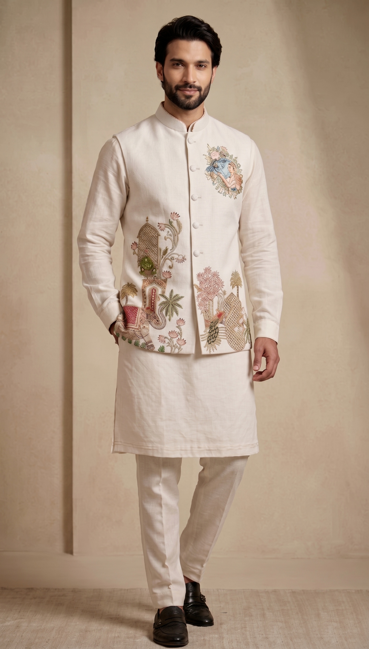 Multi Ivory Embroidered Viscose Jacket Kurta Pyjama