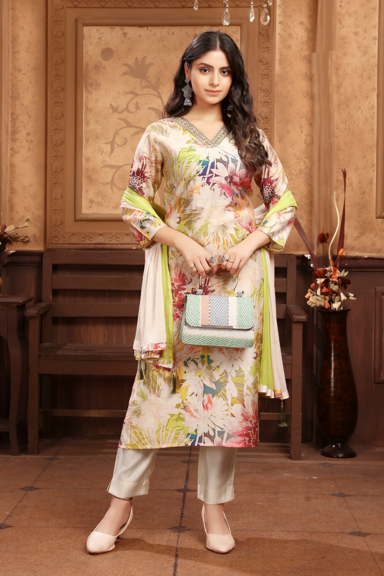 Multi Lime Printed Chanderi Straight Suit