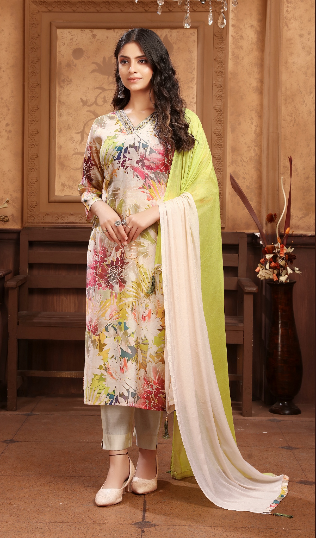 Multi Lime Printed Chanderi Straight Suit
