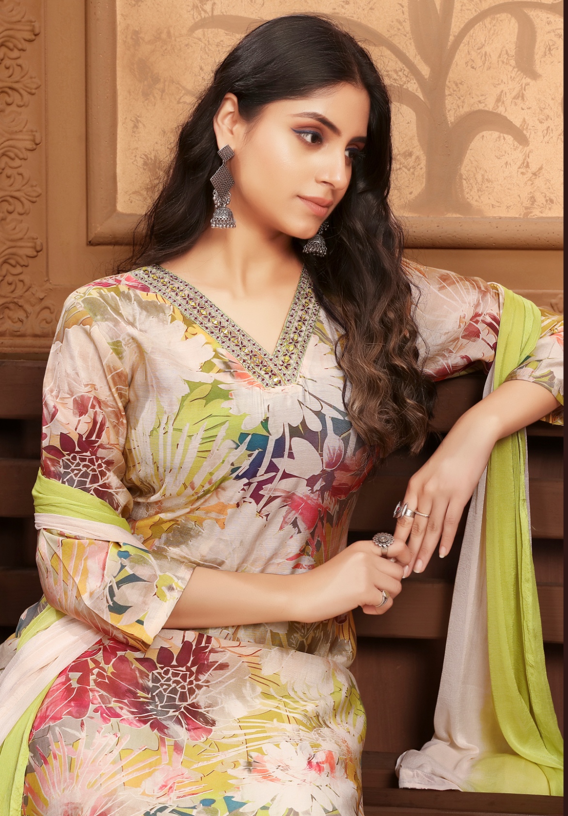 Multi Lime Printed Chanderi Straight Suit