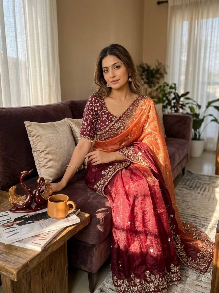 Multi Maroon Sequence Embroidered Soft Chiffon Saree — alternate view