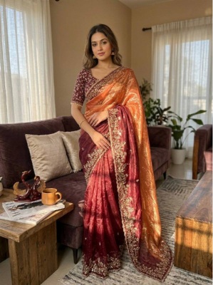 Multi Maroon Sequence Embroidered Soft Chiffon Saree