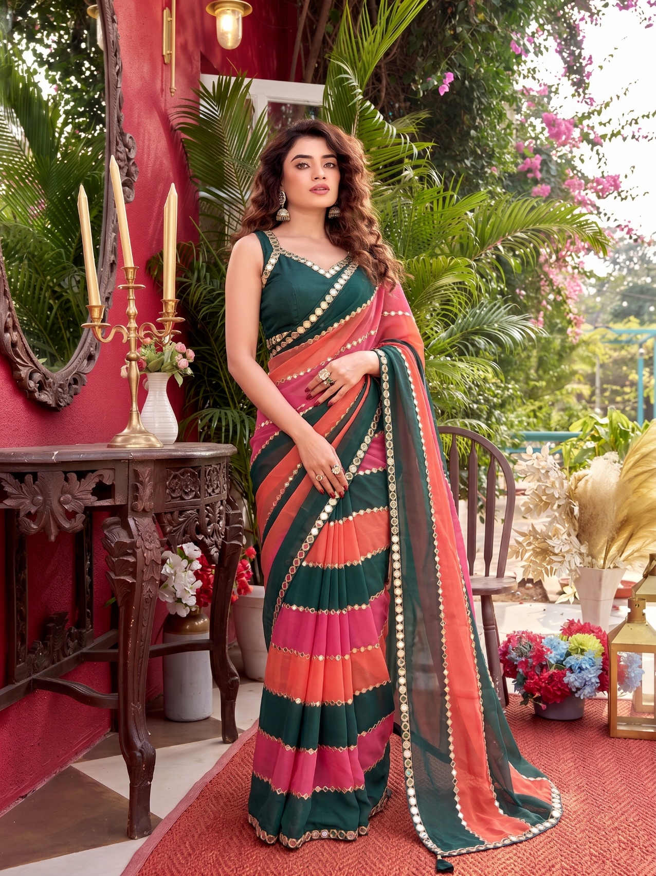 Multi Mirror Embroidery Faux Georgette Saree