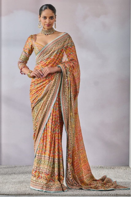 Multi Mirror Handworked Chinon Silk Saree