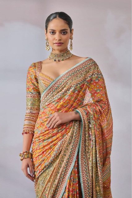 Multi Mirror Handworked Chinon Silk Saree