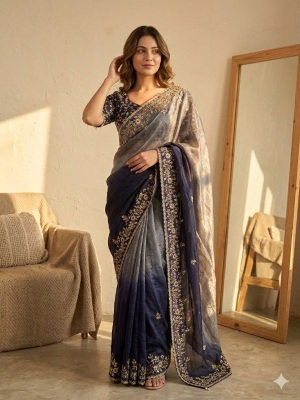 Multi Navy Blue Sequence Embroidered Soft Chiffon Saree