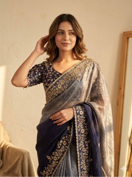 Multi Navy Blue Sequence Embroidered Soft Chiffon Saree — alternate view