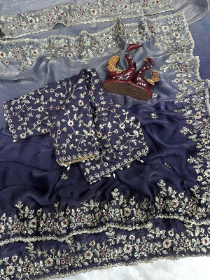 Multi Navy Blue Sequence Embroidered Soft Chiffon Saree