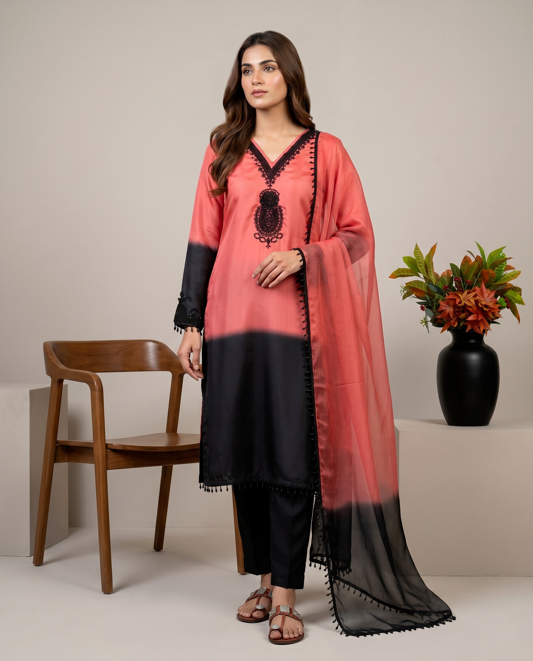 Multi Paisley Embroidery Beads Crepe Silk Sharara Suit