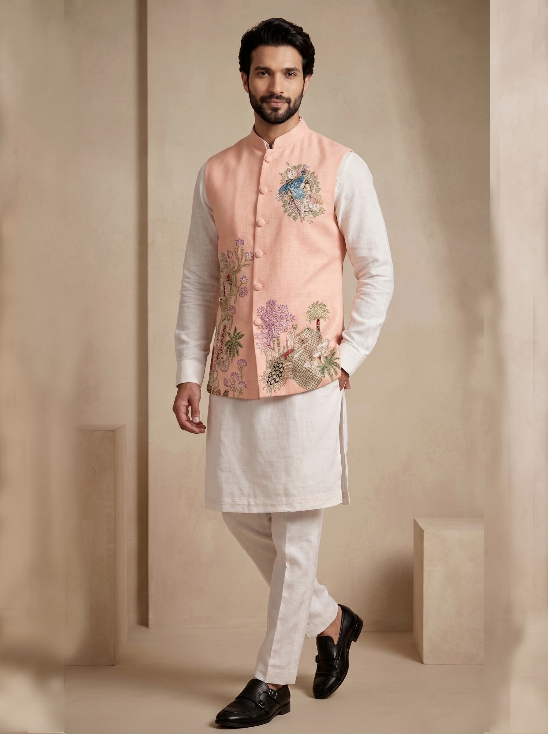 Multi Peach Embroidered Viscose Jacket Kurta Pyjama