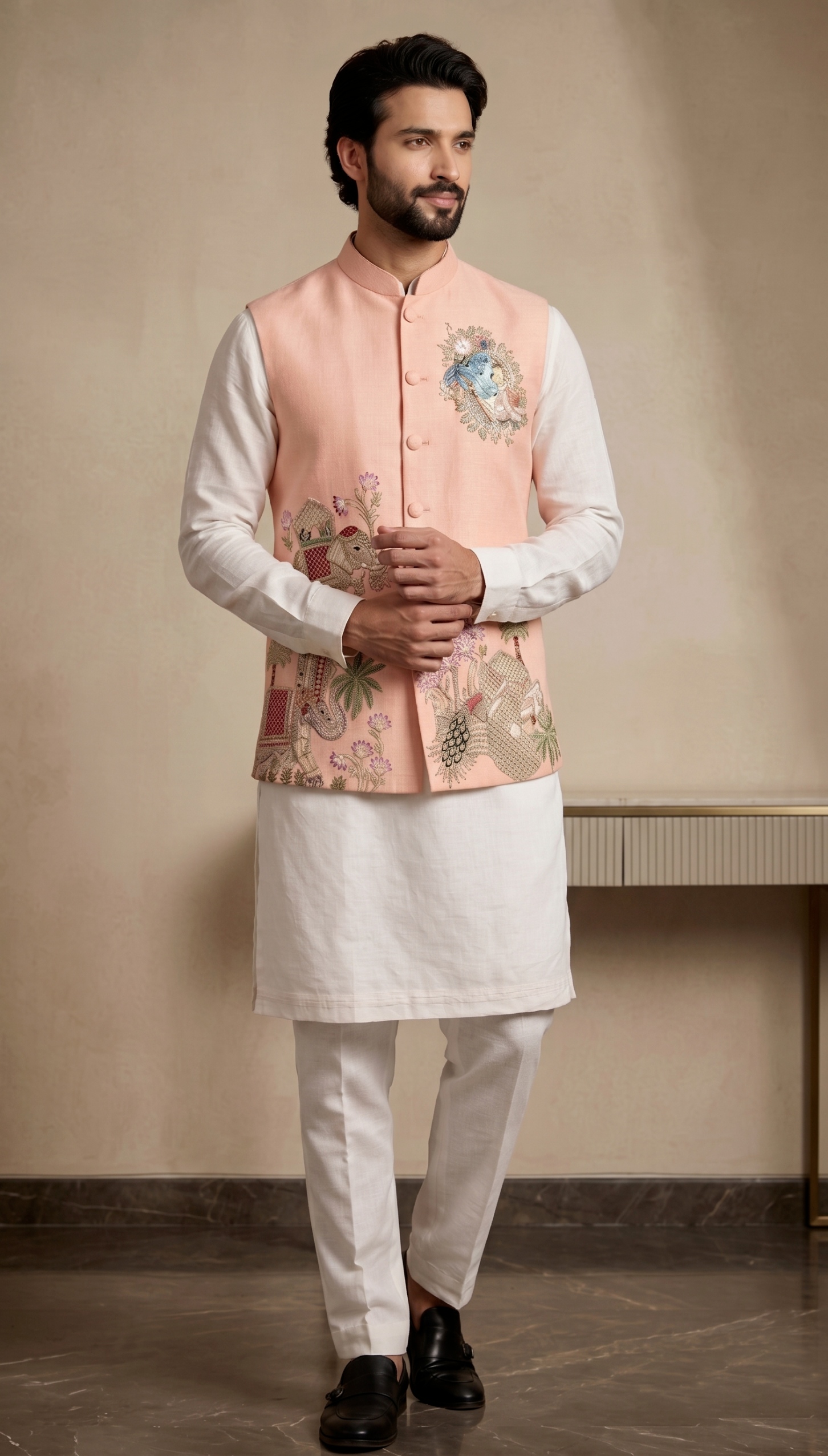 Multi Peach Embroidered Viscose Jacket Kurta Pyjama — alternate view