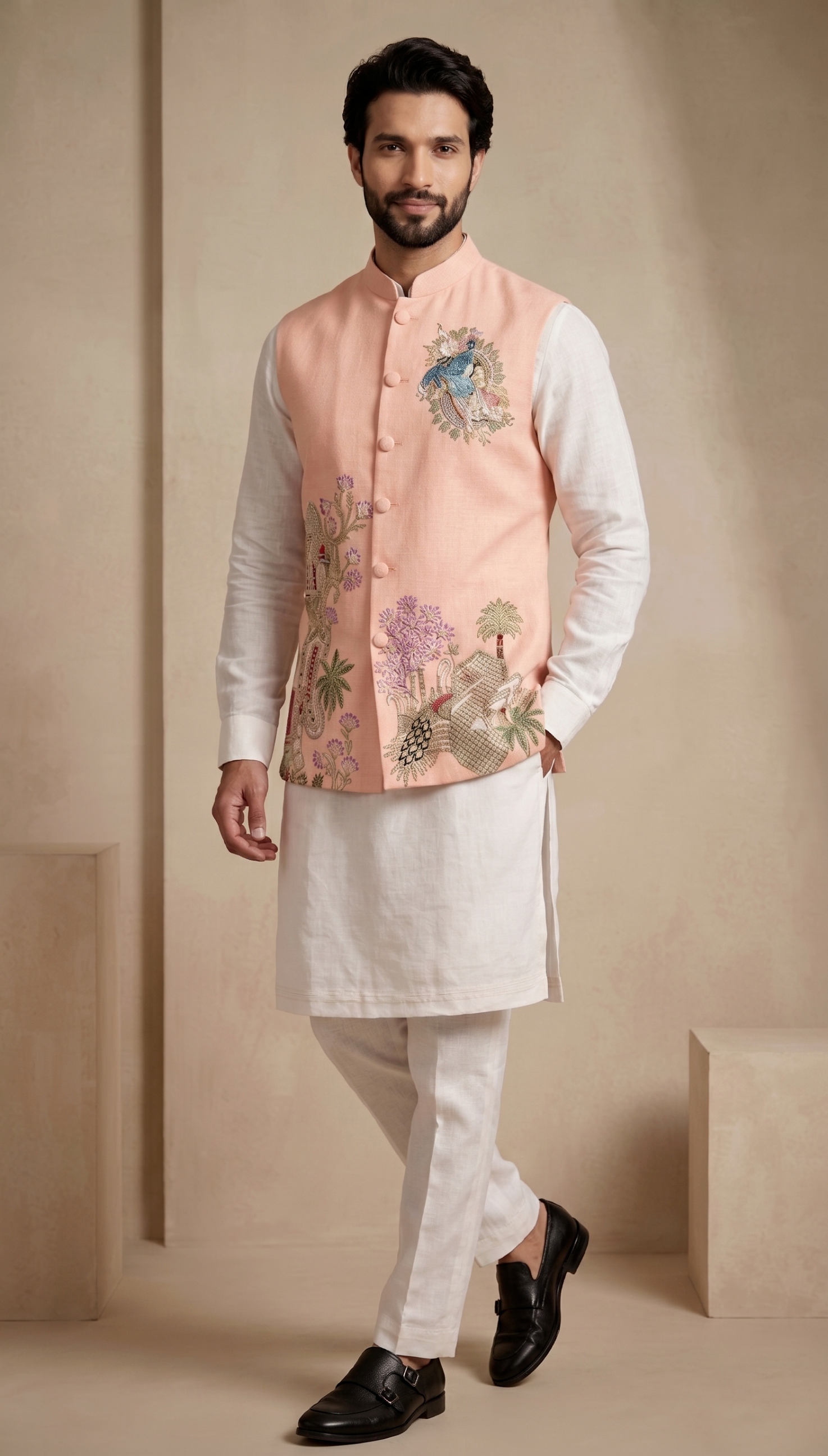 Multi Peach Embroidered Viscose Jacket Kurta Pyjama