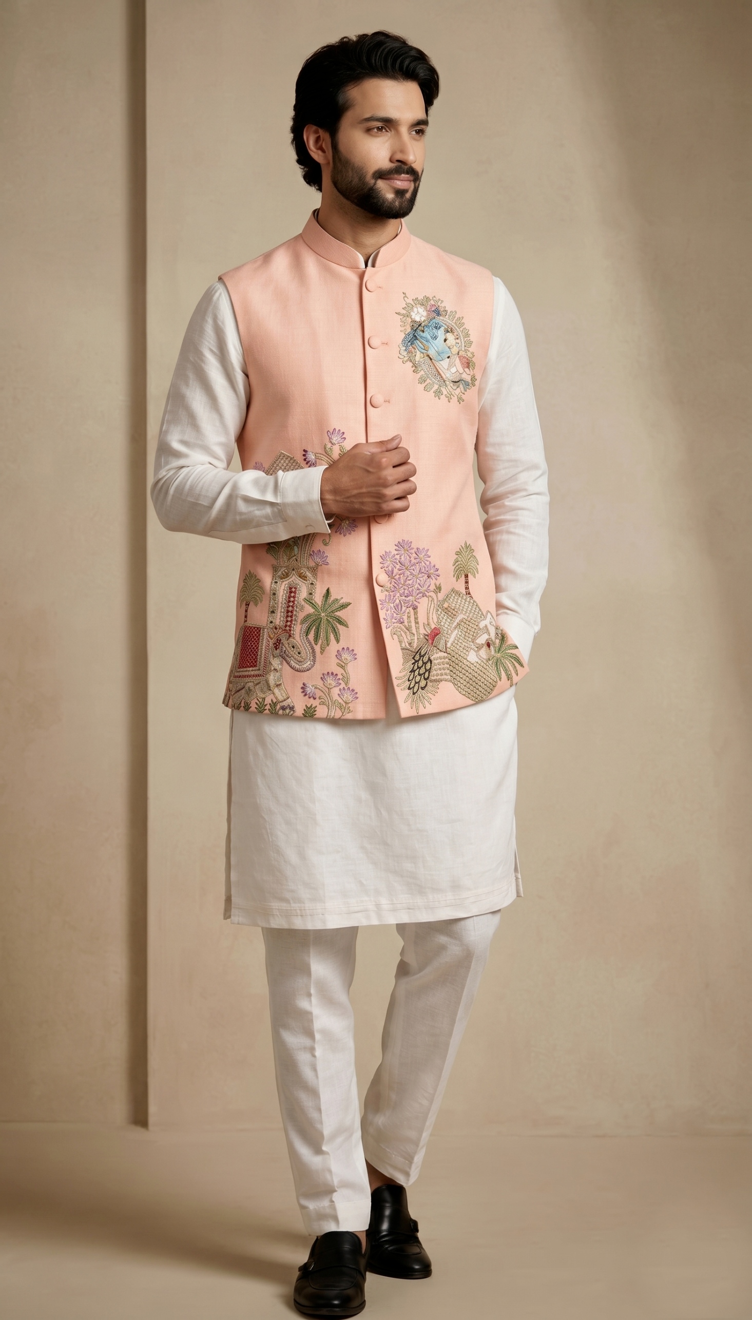 Multi Peach Embroidered Viscose Jacket Kurta Pyjama