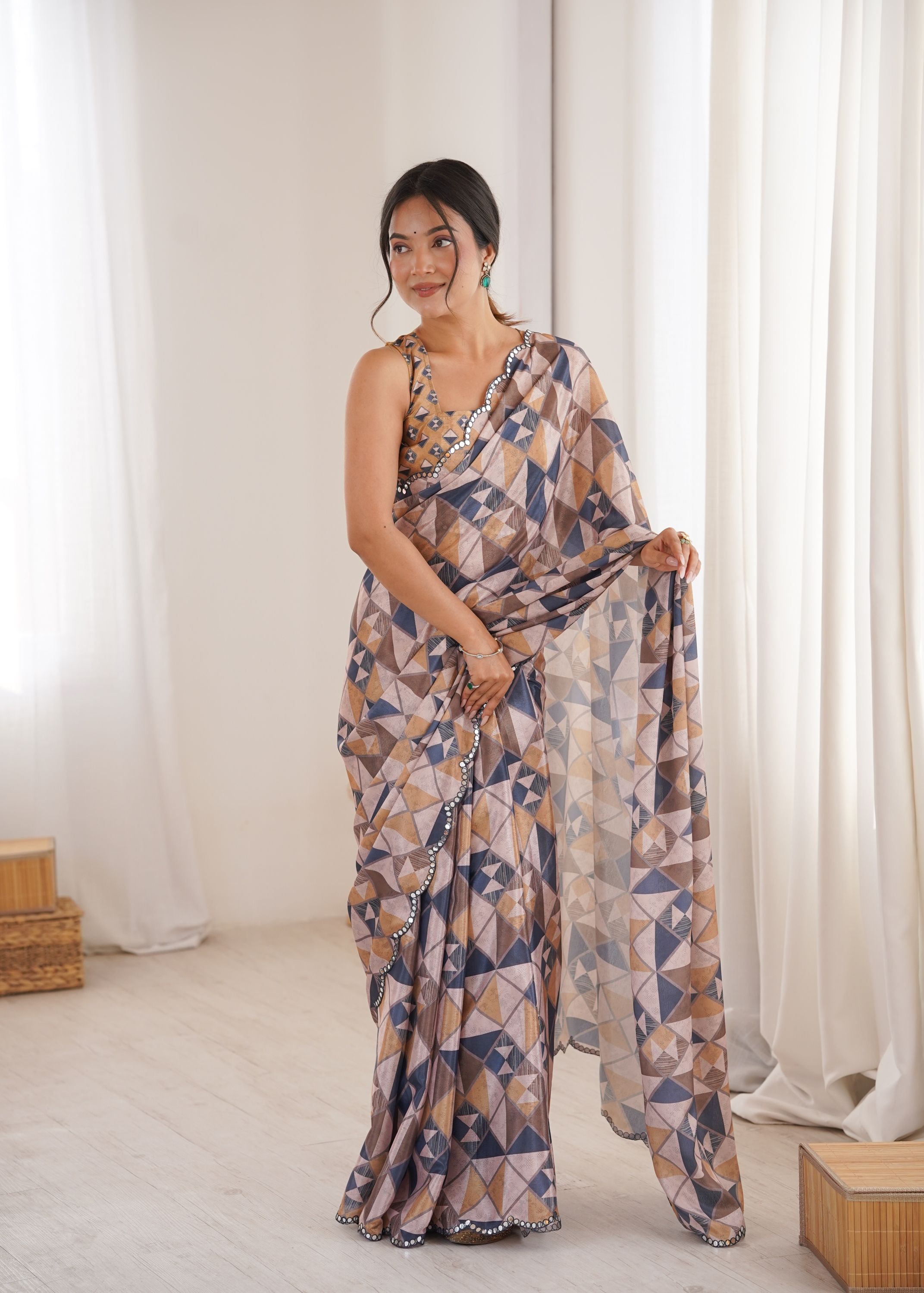 Multi Peach abstract Chinon Printed Mirror Work Saree