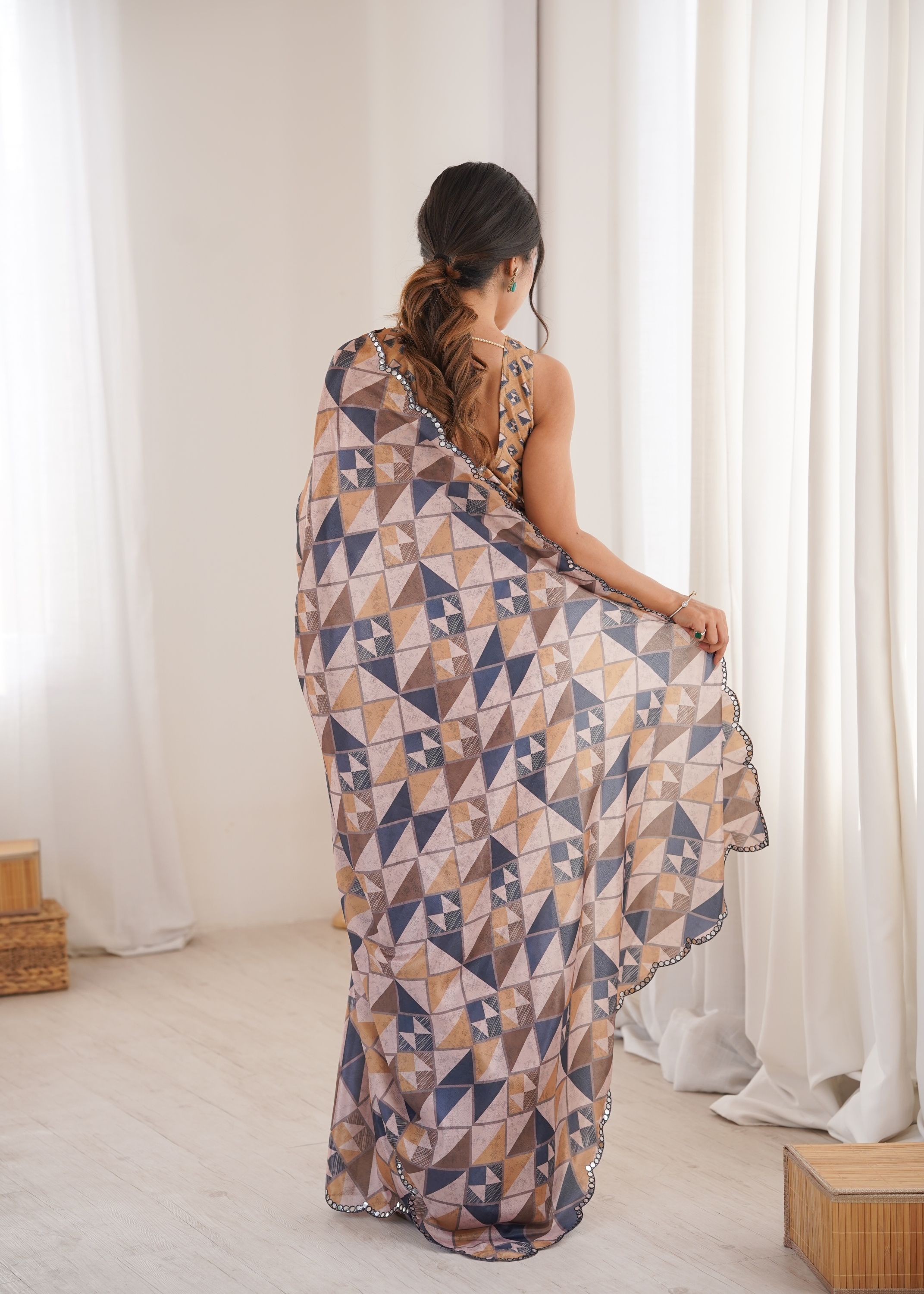 Multi Peach abstract Chinon Printed Mirror Work Saree — alternate view