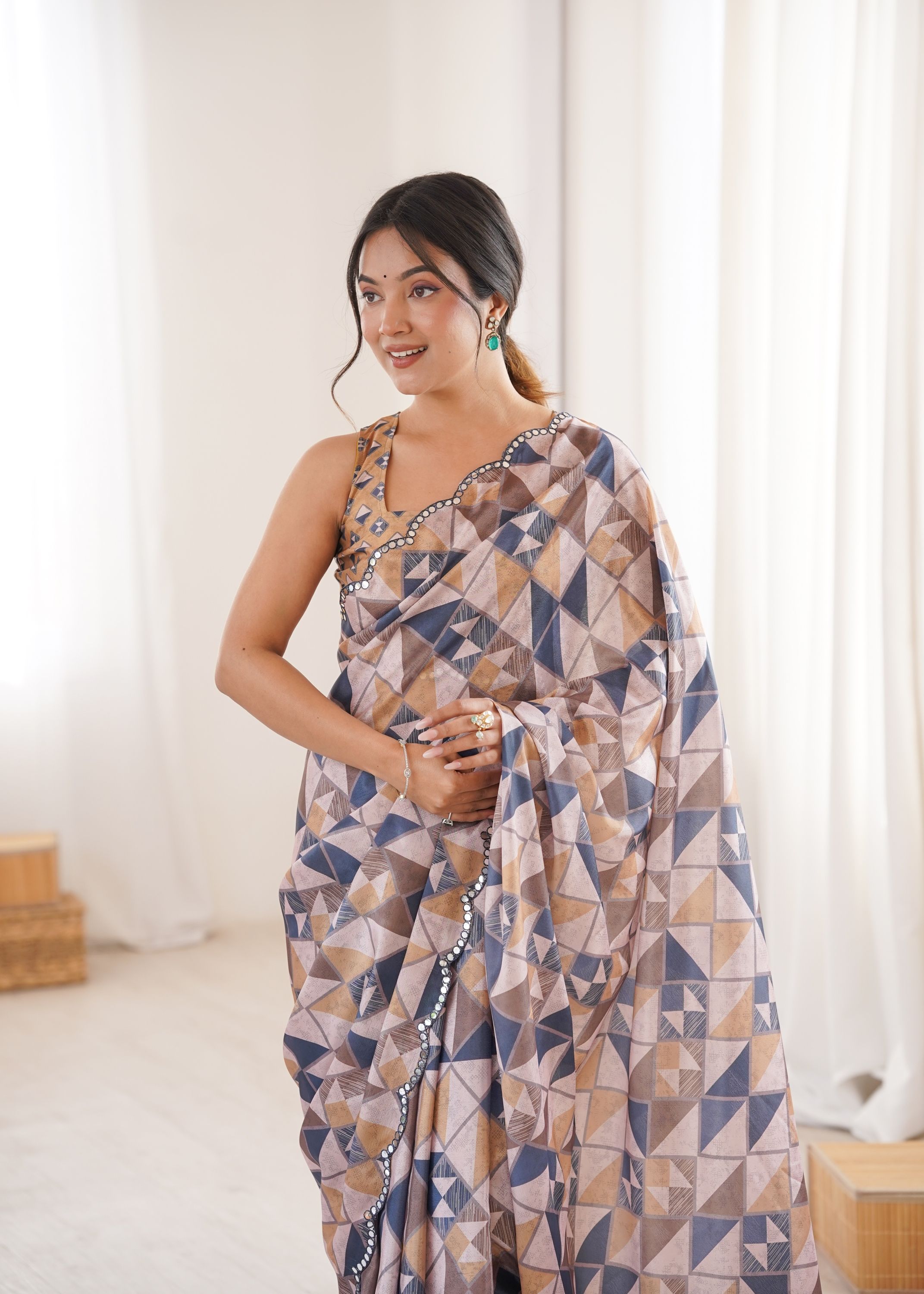 Multi Peach abstract Chinon Printed Mirror Work Saree