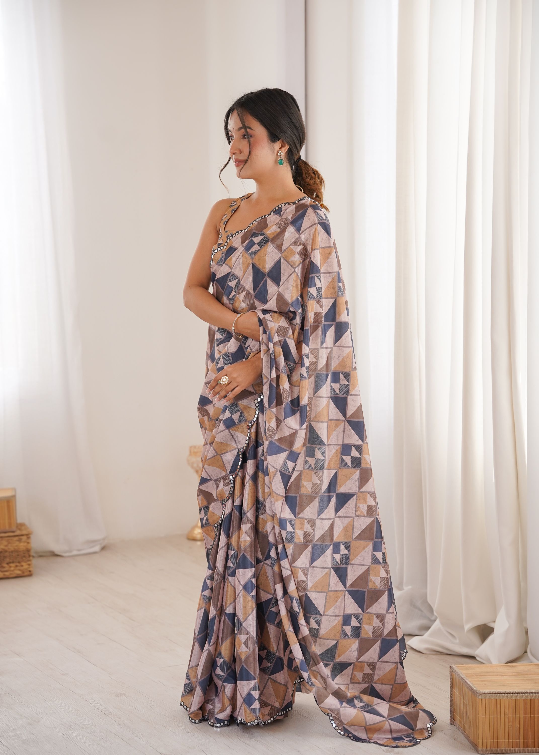 Multi Peach abstract Chinon Printed Mirror Work Saree
