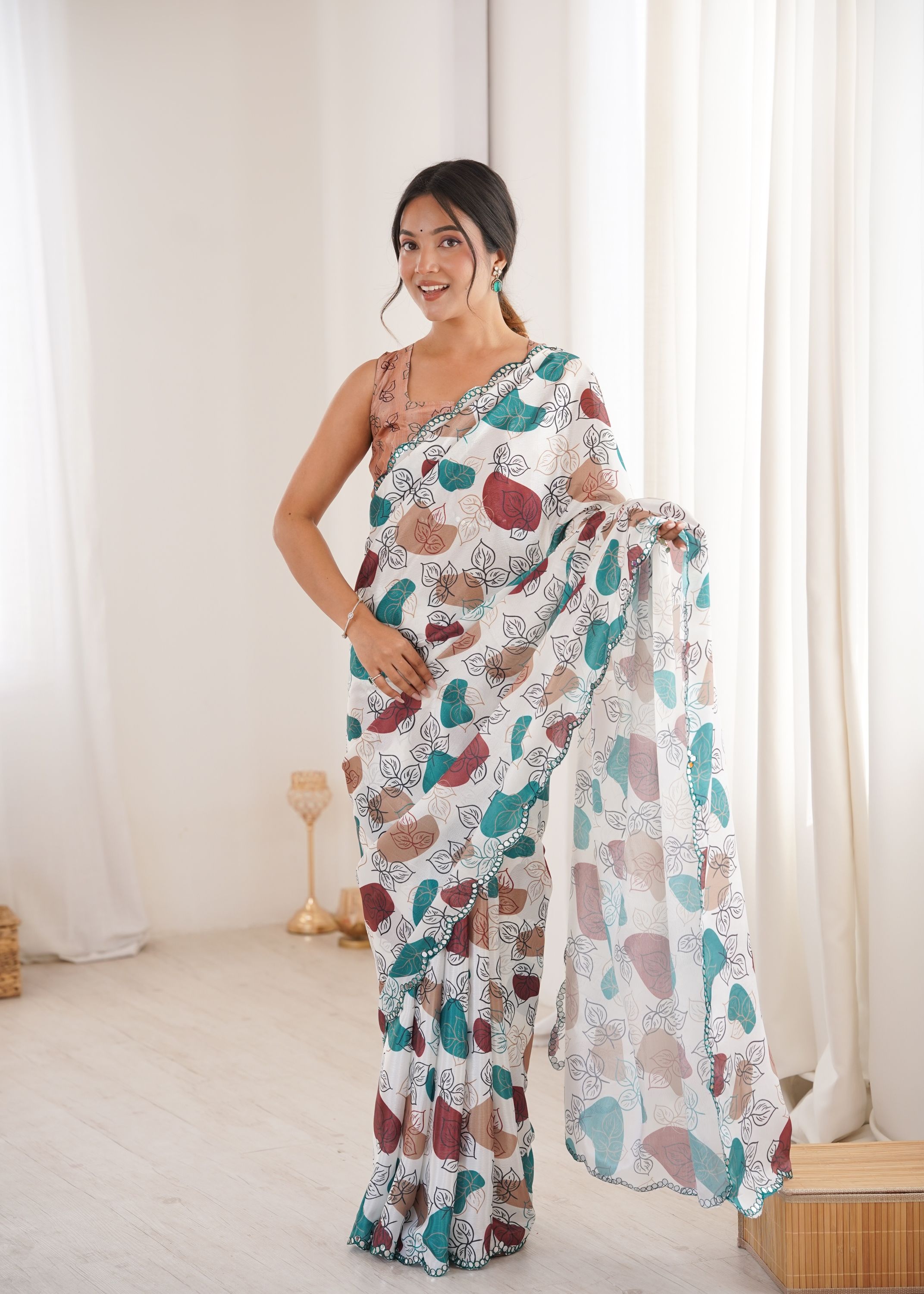 Multi Peach leaf shaped Chinon Printed Mirror Work Saree