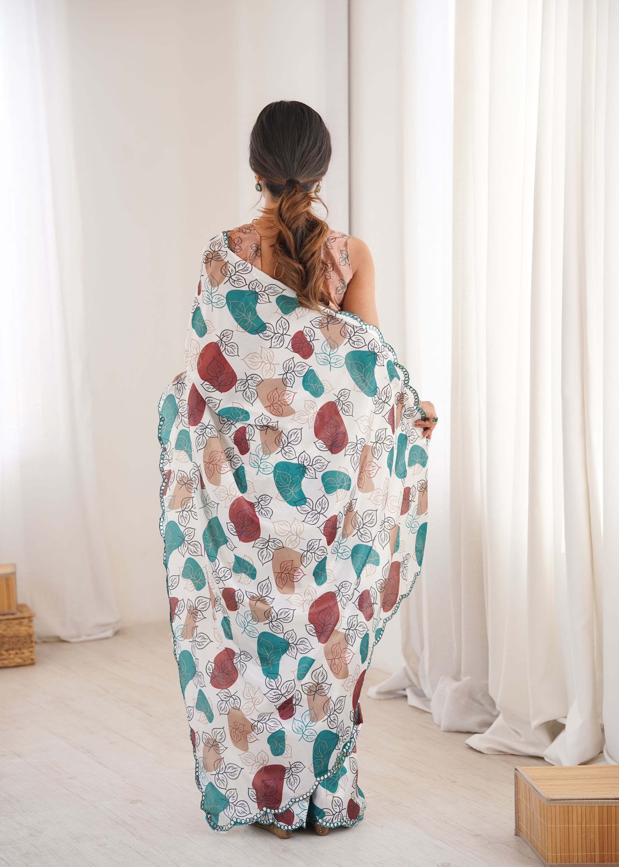 Multi Peach leaf shaped Chinon Printed Mirror Work Saree — alternate view