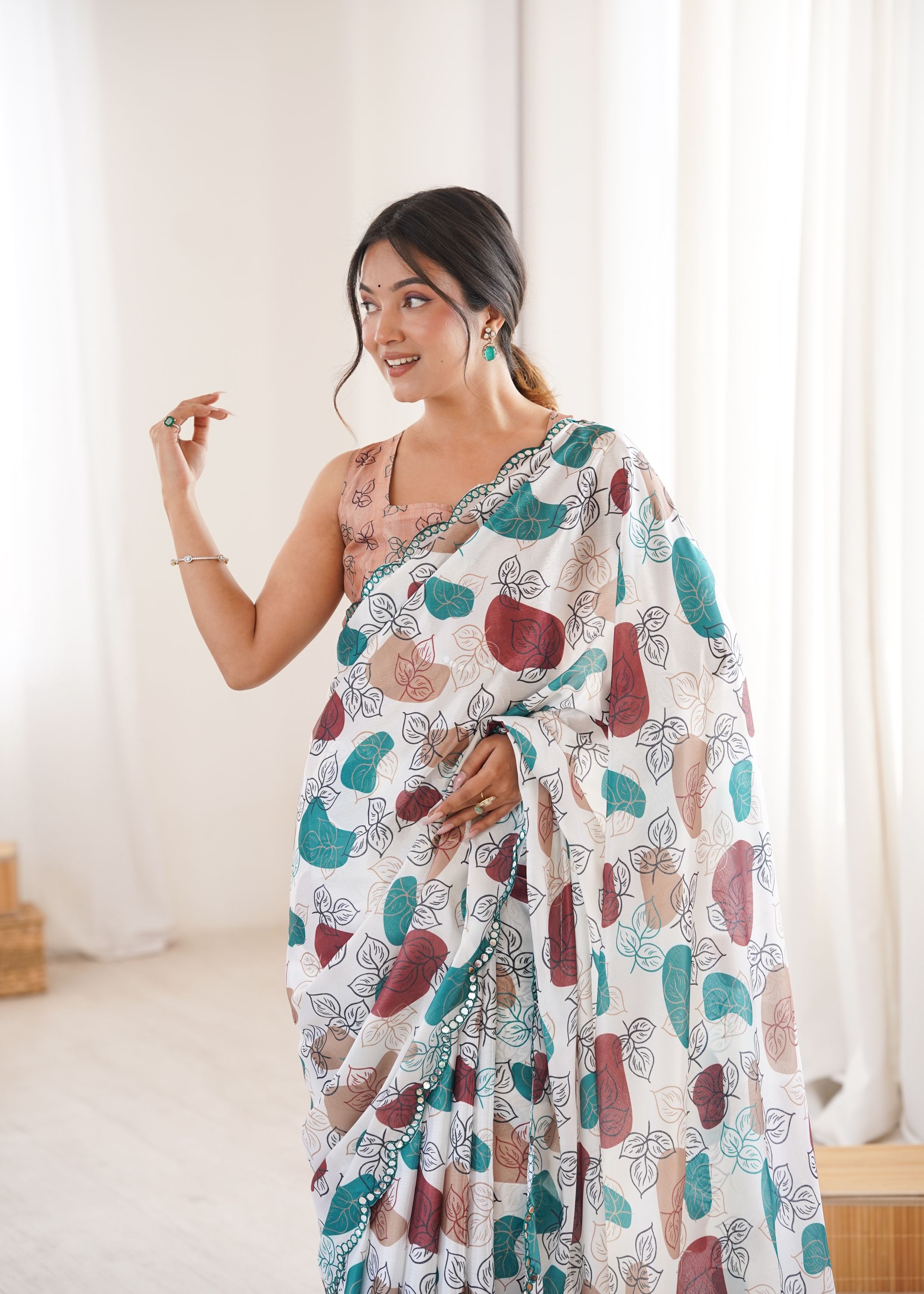 Multi Peach leaf shaped Chinon Printed Mirror Work Saree