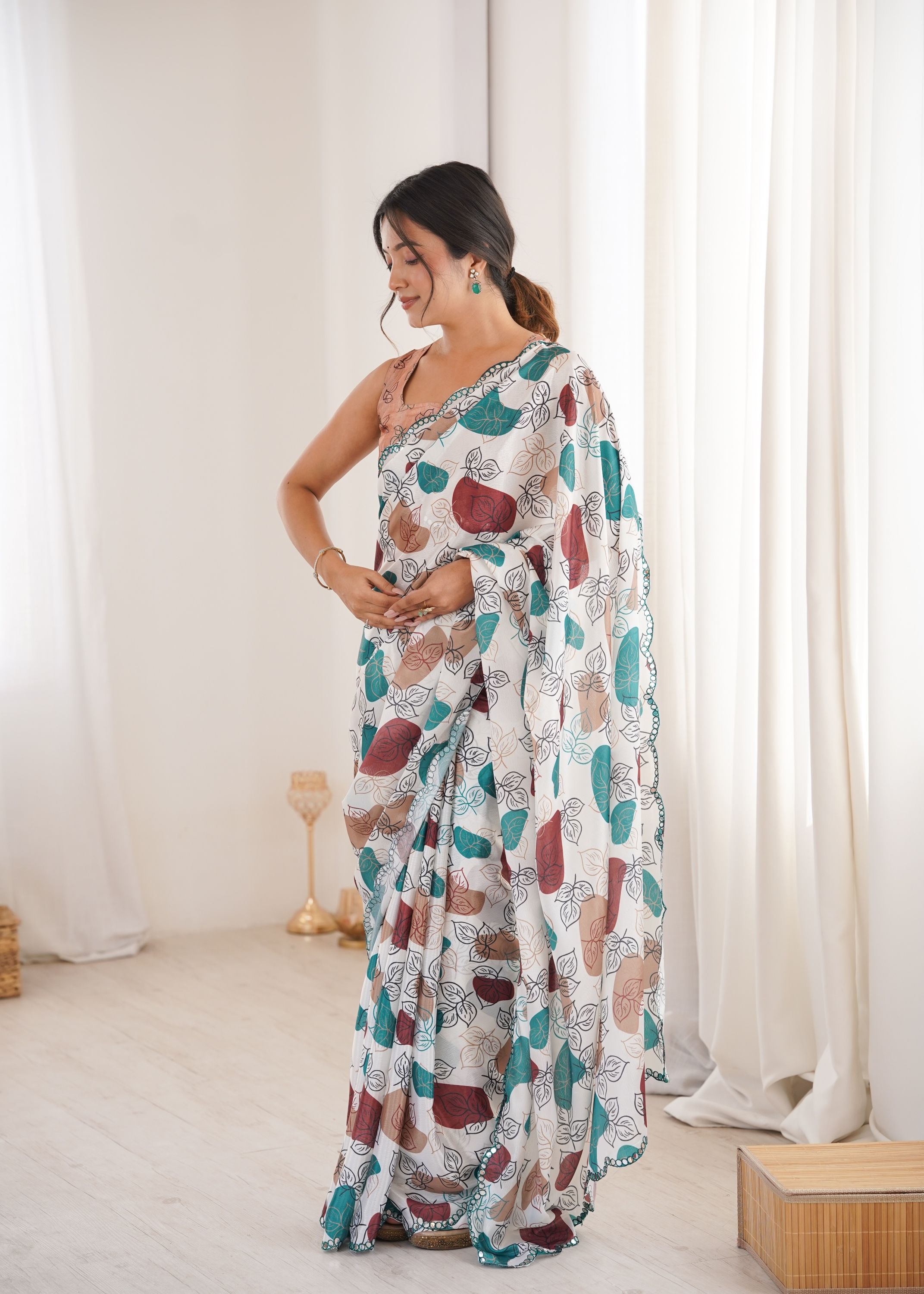 Multi Peach leaf shaped Chinon Printed Mirror Work Saree