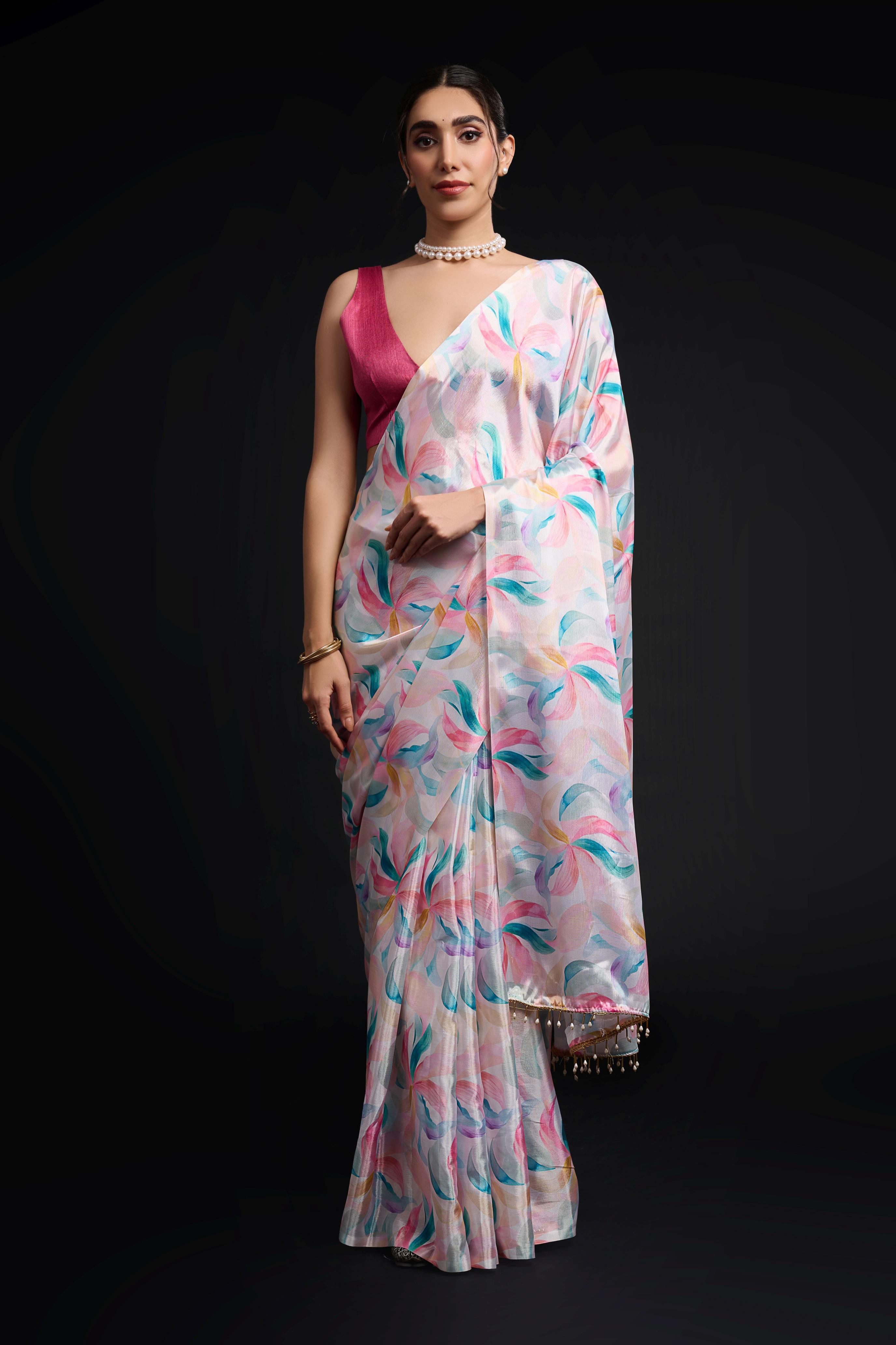 Multi Pink Digital Printed Chinon Ready To Wear Saree
