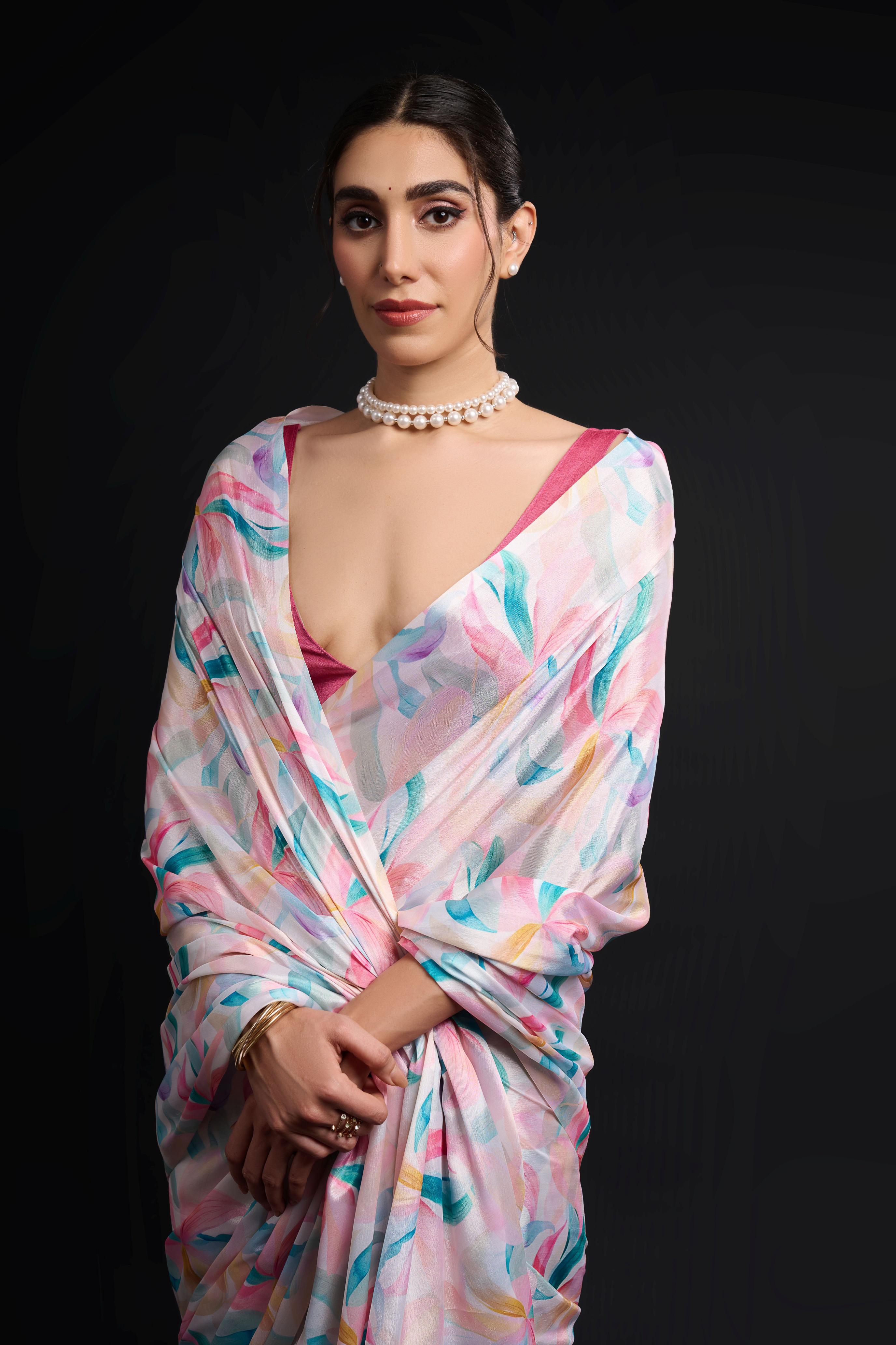 Multi Pink Digital Printed Chinon Ready To Wear Saree — alternate view