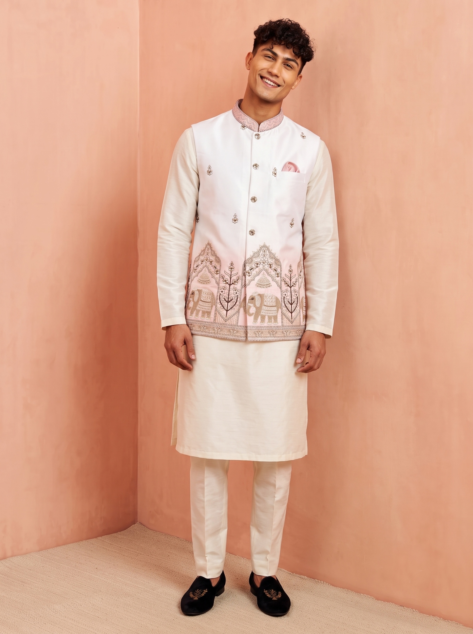 Multi Pink Embroidery Doniar Satin Jacket Kurta