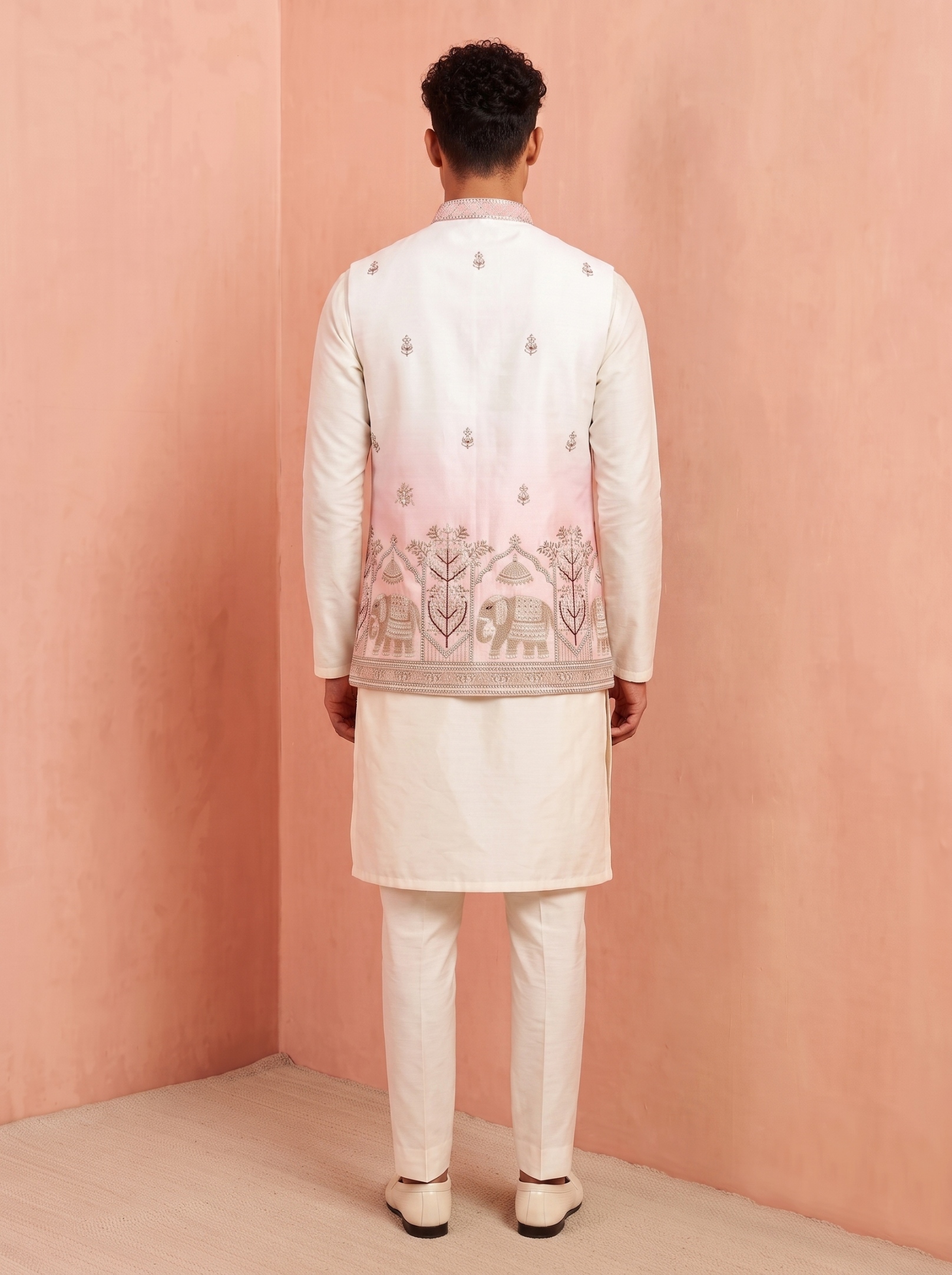 Multi Pink Embroidery Doniar Satin Jacket Kurta — alternate view